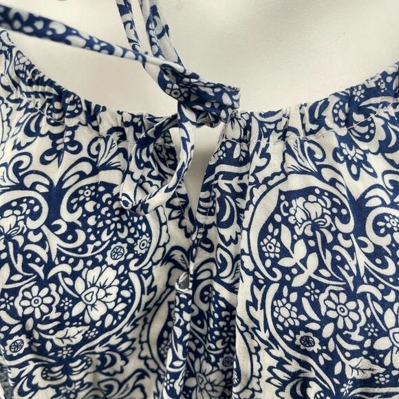 Mystree Blue White Paisley Boho Peasant Dress Large – Off Shoulder Long Sleeve - Picture 5 of 14